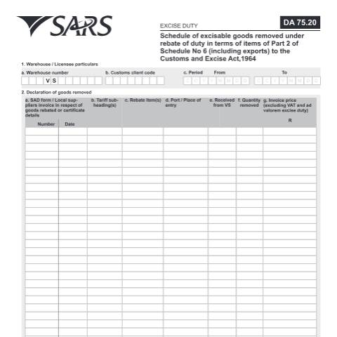 Document preview: DA 75 20 – Ad Valorem – External Form — PDF Forms, South Africa (CERFA n°DA 75 20)