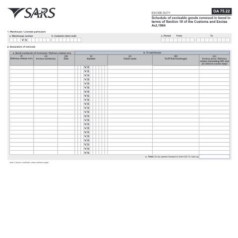 Document preview: DA 75 22 – Ad Valorem – External Form — PDF Forms, South Africa (CERFA n°DA 75 22)