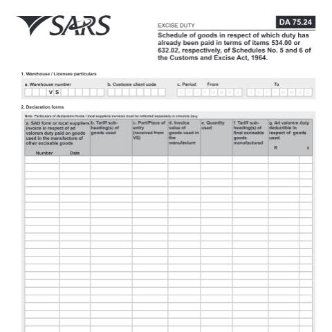 Document preview: DA 75 24 – Ad Valorem – External Form — PDF Forms, South Africa (CERFA n°DA 75 24)