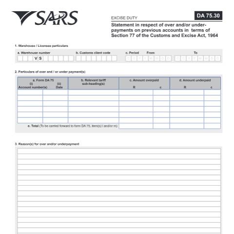Document preview: DA 75 30 – Ad Valorem – External Form — PDF Forms, South Africa (CERFA n°DA 75 30)