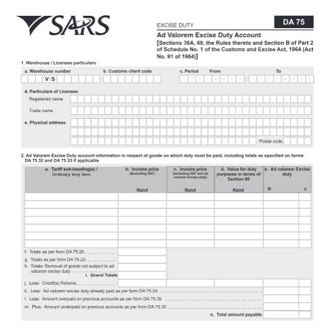 Document preview: DA 75 – Ad Valorem – External Form — PDF Forms, South Africa (CERFA n°DA 75)