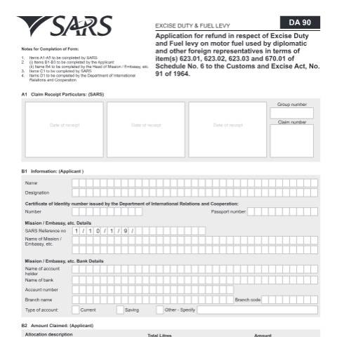 Document preview: DA 90 – Application for refund in respect of Excise Duty and Fuel Levy – External Form — PDF Forms, South Africa (CERFA n°DA 90)