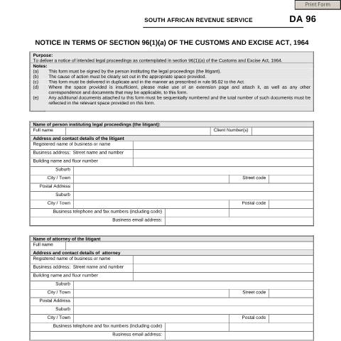 Document preview: DA 96 – Notice in terms of Section 96 1 a of the Customs and Excise Act – External Form — PDF Forms, South Africa (CERFA n°DA 96)