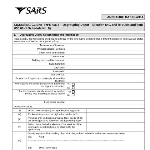 Document preview: DA 185.4B14 – Licensing Client Type 4B14 – Degrouping depot – External Form — PDF Forms, South Africa (CERFA n°DA 185.4B14)