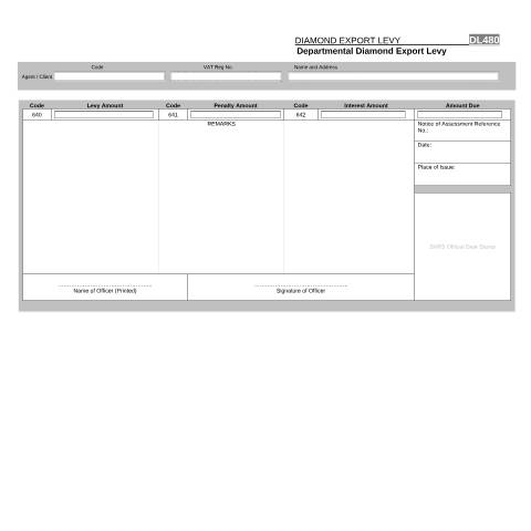 Document preview: DL 480 – Departmental Diamond Export Levy – External Form — PDF Forms, South Africa (CERFA n°DL 480)
