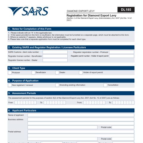 Document preview: DL 185 – Registration for Diamond Export Levy – External Form — PDF Forms, South Africa (CERFA n°DL 185)