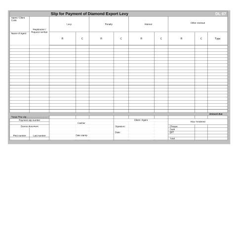 Document preview: DL 67 – Slip for Payment of Diamond Export Levy – External Form — PDF Forms, South Africa (CERFA n°DL 67)