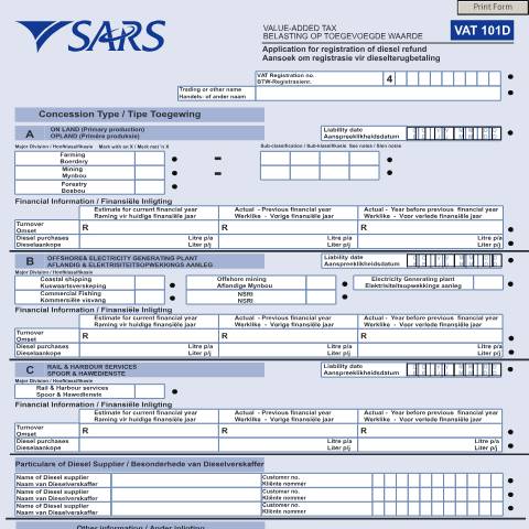 Document preview: VAT101D – Application for Registration of Diesel Refund – External Form — PDF Forms, South Africa (CERFA n°VAT101D)