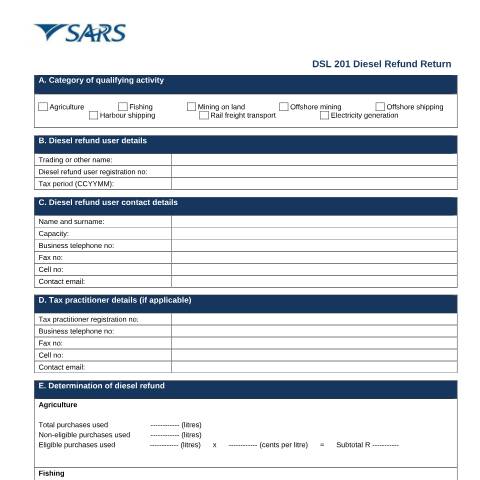 Document preview: DSL 201 – Diesel Refund Return – External Form — PDF Forms, South Africa (CERFA n°DSL 201)