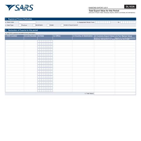 Document preview: DL 163A – Total Export Value – External Form — PDF Forms, South Africa (CERFA n°DL 163A)