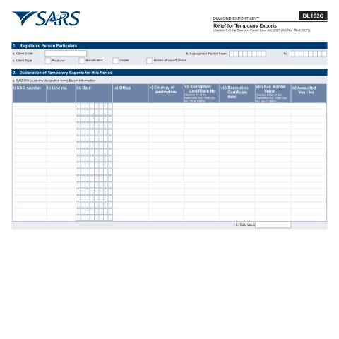 Document preview: DL 163C – Relief for Tempory Exports – External Form — PDF Forms, South Africa (CERFA n°DL 163C)