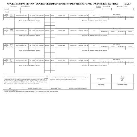 Document preview: DA 63 – Application for refund – Export for trade purposes of imported duty paid goods (Refund item 522 03) – External Form — PDF Forms, South Africa (CERFA n°DA 63)