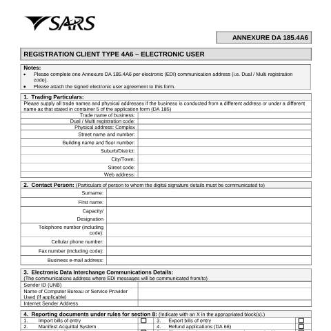 Document preview: DA 185 4A6 – Registration Client Type 4A6 – Electronic user – External Annexure — PDF Forms, South Africa (CERFA n°DA 185 4A6)