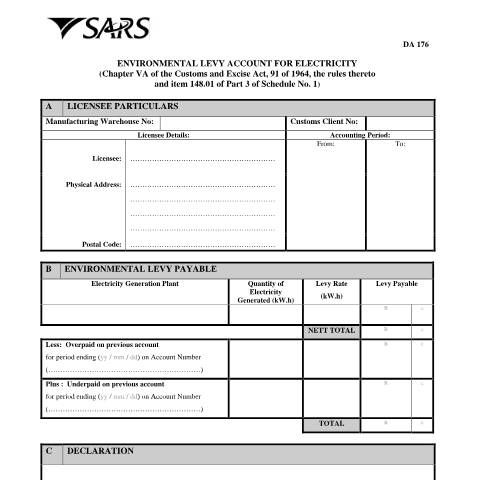 Document preview: DA 176 – Environmental Levy Account for Electricity – External Form — PDF Forms, South Africa (CERFA n°DA 176)