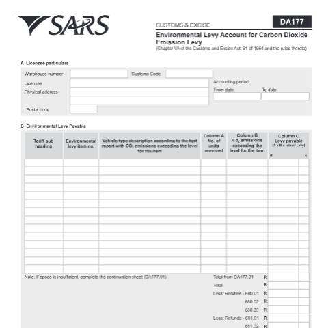 Document preview: DA 177 – Environmental Levy Account for Carbon Dioxide Emission Levy – External Form — PDF Forms, South Africa (CERFA n°DA 177)