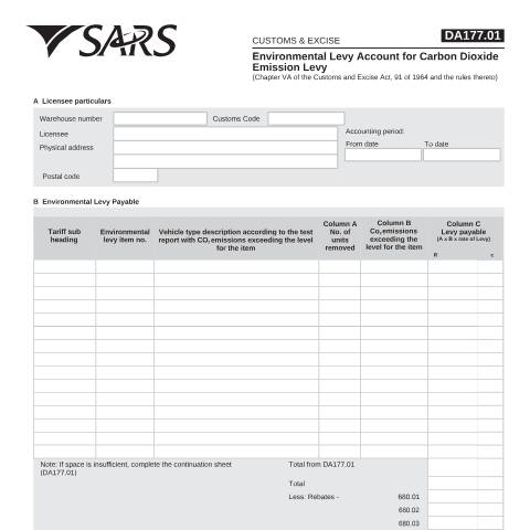 Document preview: DA 177 01 – Environmental Levy Account for Carbon Dioxide Emission Levy – External Form — PDF Forms, South Africa (CERFA n°DA 177 01)