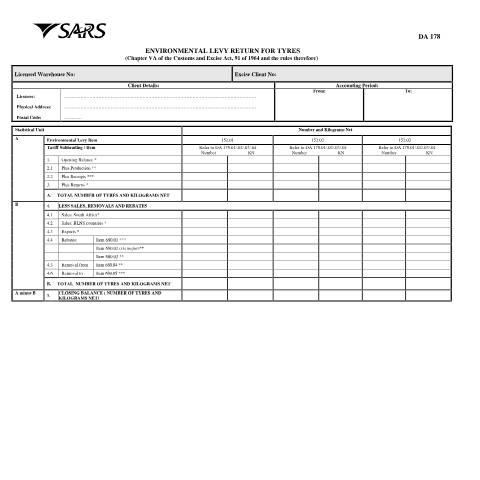 Document preview: DA 178 – Environmental Levy Return for Tyres – External Form — PDF Forms, South Africa (CERFA n°DA 178)