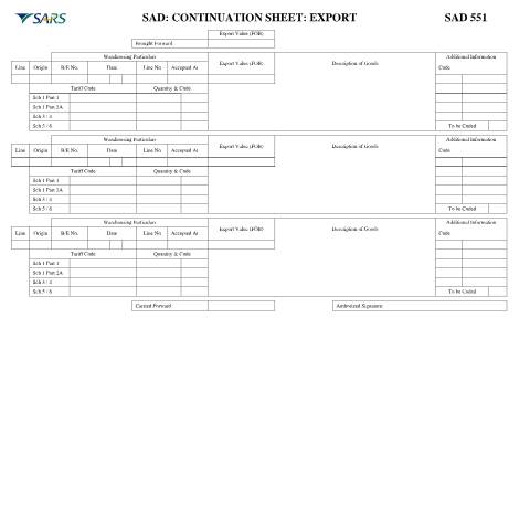 Document preview: SAD 551 – Continuation Sheet Export – External Form — PDF Forms, South Africa (CERFA n°SAD 551)