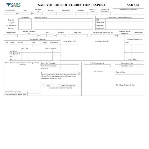 Document preview: SAD 554 – Voucher of Correction Export – External Form — PDF Forms, South Africa (CERFA n°SAD 554)