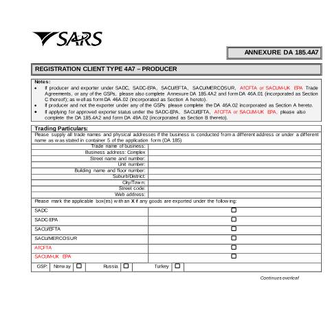 Document preview: DA 185 4A7 – Registration Client Type 4A7 – Producer – External Annexure — PDF Forms, South Africa (CERFA n°DA 185 4A7)