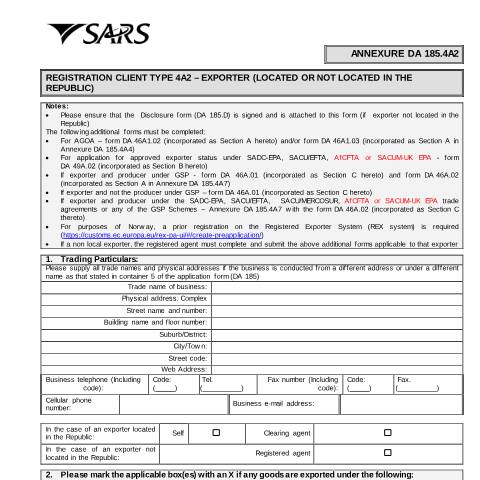 Document preview: DA 185 4A2 – Registration Client Type 4A2 – Exporter (Located or not located in the Republic) – External Annexure — PDF Forms, South Africa (CERFA n°DA 185 4A2)