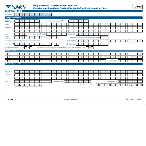 Document preview: FORM-B – Request for Tax Deduction Directive Pension and Provident Funds – External Form — PDF Forms, South Africa (CERFA n°FORM-B)
