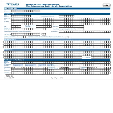 Document preview: FORM-E – Tax Deduction Directive After Retirement and Death Annuity Commutations – External Form — PDF Forms, South Africa (CERFA n°FORM-E)