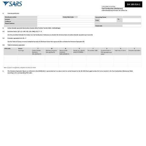 Document preview: DA 180 01A 1 – Fuel Combustion (Stationary) (Environmental Levy Account for Carbon Tax) – External Form — PDF Forms, South Africa (CERFA n°DA 180 01A 1)