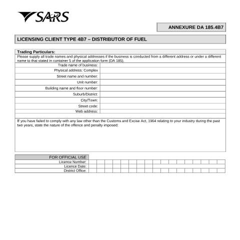 Document preview: DA 185.4B7 – Licensing Client Type 4B7 – Distributor fuel – External Form — PDF Forms, South Africa (CERFA n°DA 185.4B7)