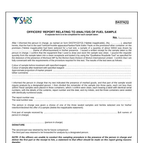 Document preview: DA 37A1 – Officers report relating to analysis of fuel sample – External Form — PDF Forms, South Africa (CERFA n°DA 37A1)