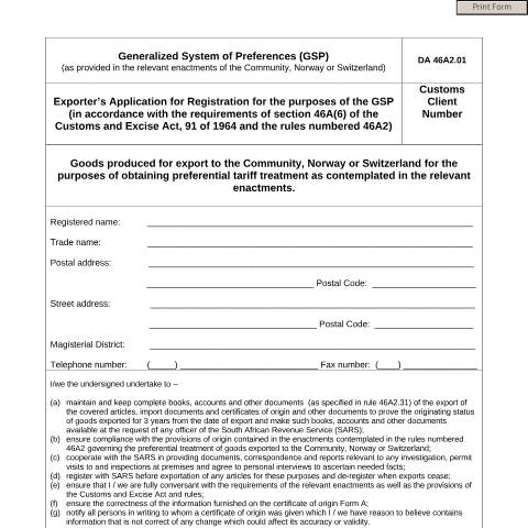 Document preview: DA 46A2 01 – Exporters application for Registration for the purposes of the GSP – External Form — PDF Forms, South Africa (CERFA n°DA 46A2 01)