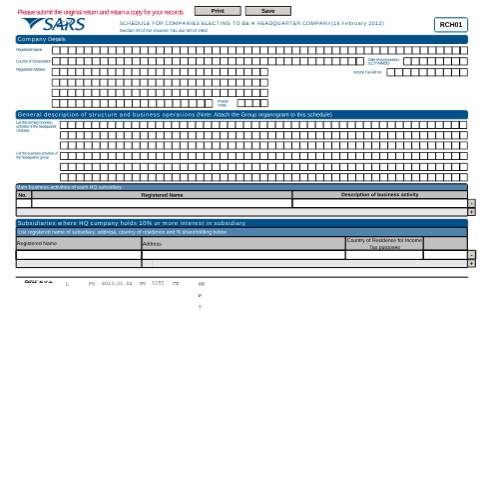 Document preview: RCH01 – Schedule for Companies Electing to be a Headquarter Company – External Form — PDF Forms, South Africa (CERFA n°RCH01)