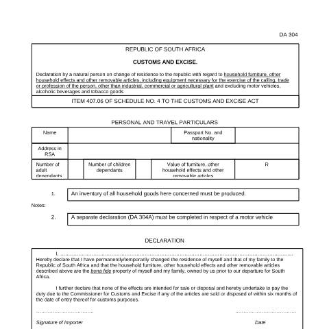 Document preview: DA 304 – Household effects on permanent change of residence – External Form — PDF Forms, South Africa (CERFA n°DA 304)