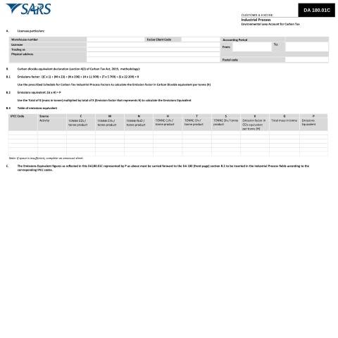 Document preview: DA 180 01C – Industrial Process (Environmental Levy Account for Carbon Tax) – External Form — PDF Forms, South Africa (CERFA n°DA 180 01C)
