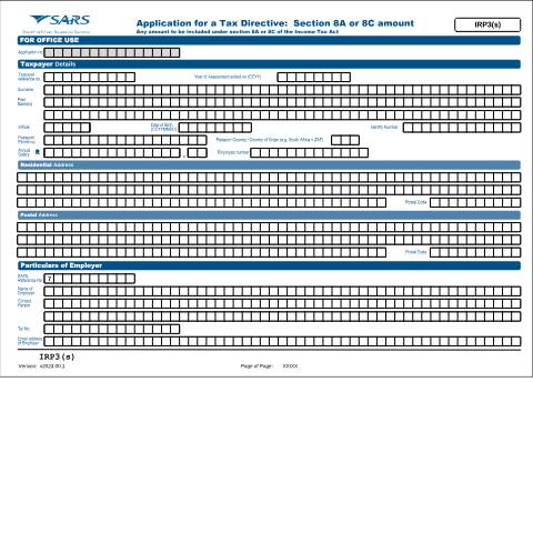 Document preview: IRP3(s) – Application for Tax Directive Share Option – External Form — PDF Forms, South Africa (CERFA n°IRP3(s))