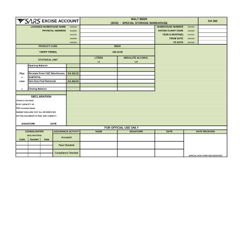 Document preview: DA 260A1 – Malt Beer SOS – External Form — PDF Forms, South Africa (CERFA n°DA 260A1)