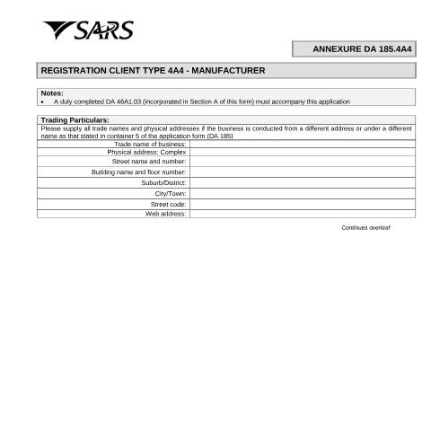 Document preview: DA 185 4A4 – Registration Client Type 4A4 – Manufacturer – External Annexure — PDF Forms, South Africa (CERFA n°DA 185 4A4)