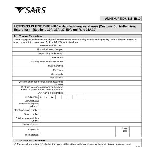 Document preview: DA 185.4B10 – Licensing Client Type 4B10 – Licensing of manufacturing warehouse in CCA – External Form — PDF Forms, South Africa (CERFA n°DA 185.4B10)