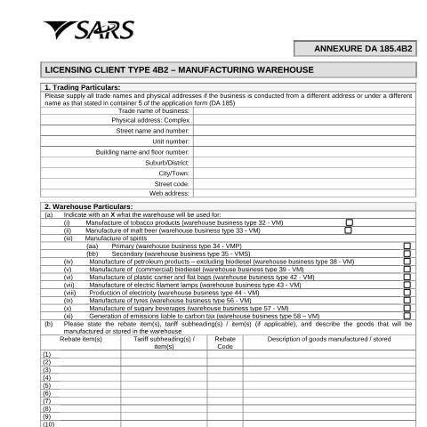 Document preview: DA 185.4B2 – Licensing Client Type 4B2 – Manufacturing warehouse – External Form — PDF Forms, South Africa (CERFA n°DA 185.4B2)