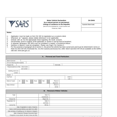 Document preview: DA 304A – Motor vehicle declaration on permanent change of residence – External Form — PDF Forms, South Africa (CERFA n°DA 304A)