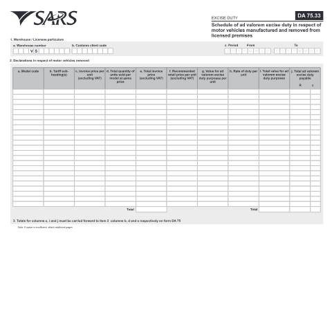 Document preview: DA 75 33 – Ad Valorem – External Form — PDF Forms, South Africa (CERFA n°DA 75 33)