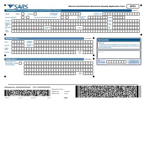 Document preview: MPR1 – Mineral and Petroleum Resources Royalty Application Form – External Form — PDF Forms, South Africa (CERFA n°MPR1)