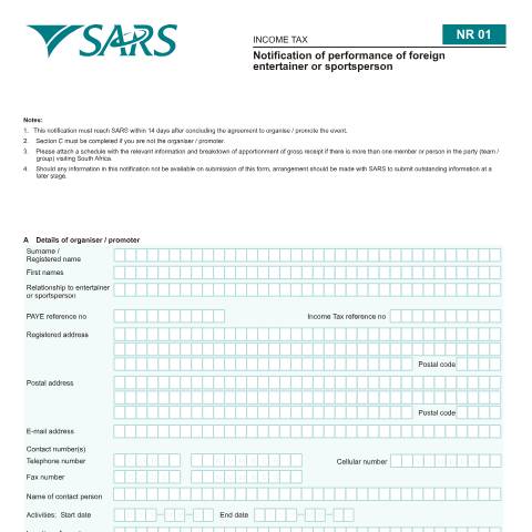 Document preview: NR01-Notification-of-Performance-of-Foreign-Entertainer-or-Sportsperson-External-Form — PDF Forms, South Africa (CERFA n°NR01)