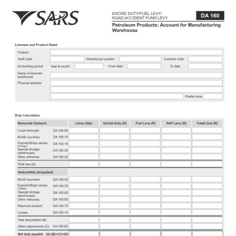 Document preview: DA 160 – Petroleum Products Account for Manufacturing Warehouses – External Form — PDF Forms, South Africa (CERFA n°DA 160)