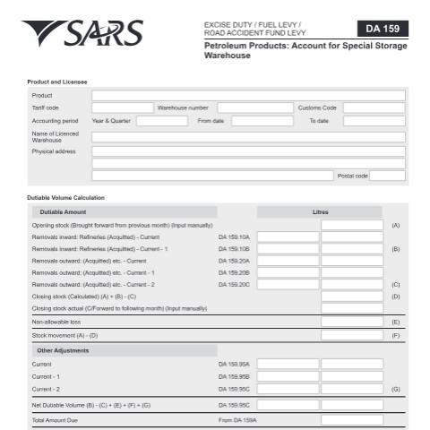 Document preview: DA 159 – Petroleum Products Account for Special Storage Warehouses – External Form — PDF Forms, South Africa (CERFA n°DA 159)