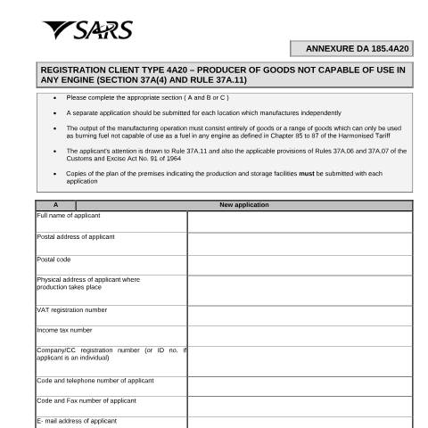 Document preview: DA 185 4A20 – Registration Client Type 4A20 – Producer of goods not capable of use in any engine (Section 37A(4) and Rule 37A 11) – External Annexure — PDF Forms, South Africa (CERFA n°DA 185 4A20)