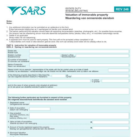 Document preview: REV246 – Valuation of Immovable Property – External Form — PDF Forms, South Africa (CERFA n°REV246)