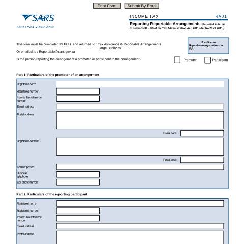 Document preview: RA01 – Reporting Reportable Arrangements – External Form — PDF Forms, South Africa (CERFA n°RA01)