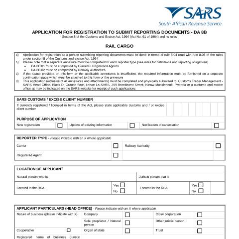 Document preview: DA 8B – Application for registration to submit reporting documents for rail cargo – External Form — PDF Forms, South Africa (CERFA n°DA 8B)