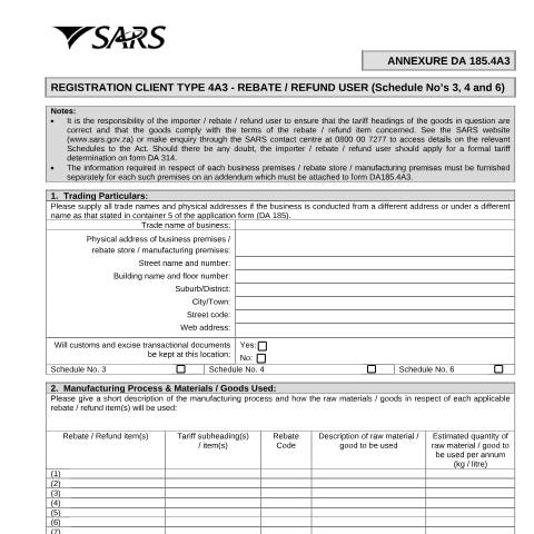 Document preview: DA 185 4A3 – Registration Client Type 4A3 – Rebate or Refund User (Schedules 3 4 and 6) – External Annexure — PDF Forms, South Africa (CERFA n°DA 185 4A3)